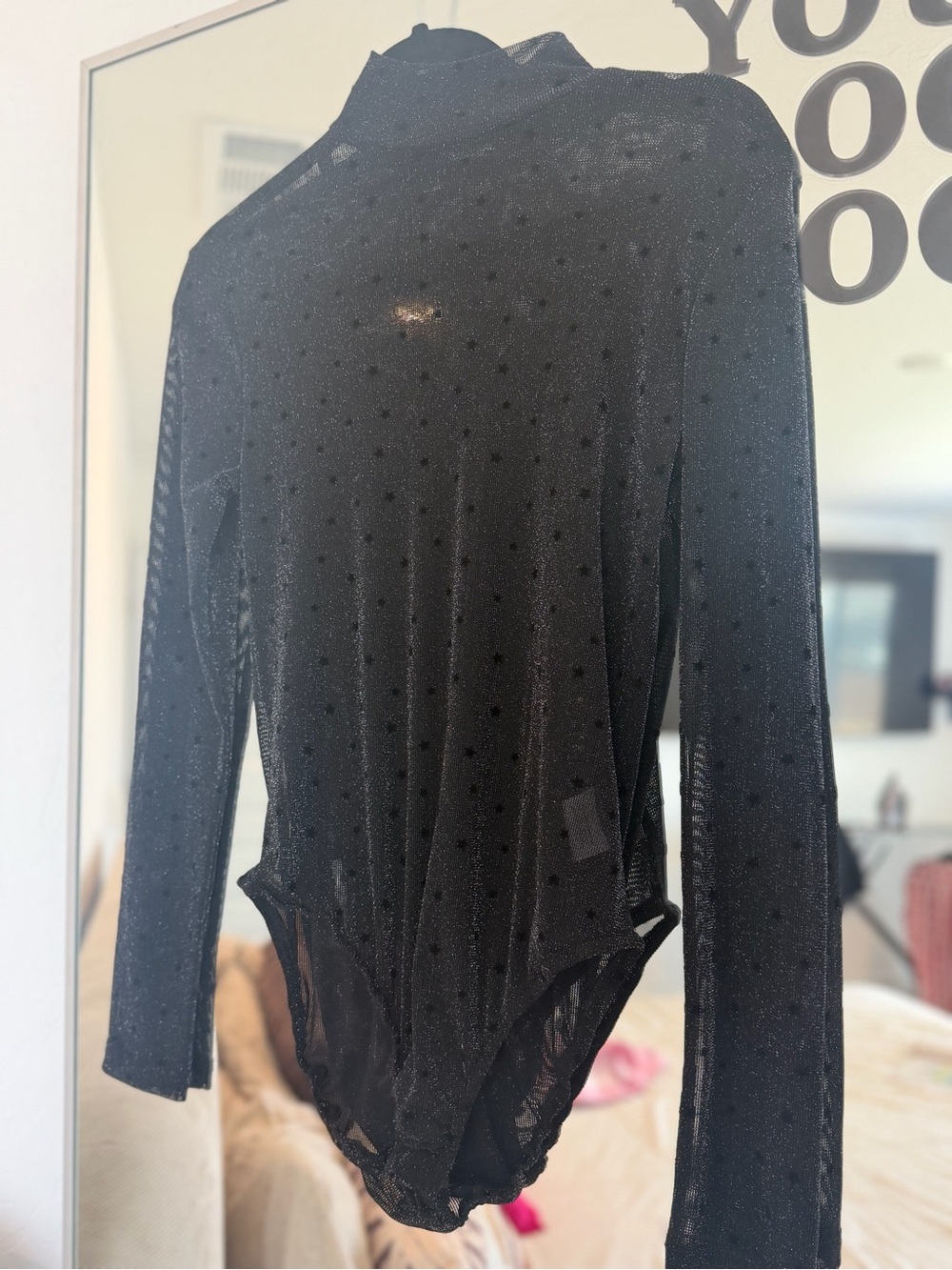 Nasty Gal Black Sheer Dotted Long-Sleeve Bodysuit